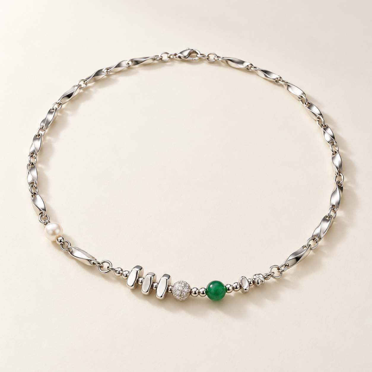 Mixed Hours silver-tone necklace with green accent and imitation pearl studio concept